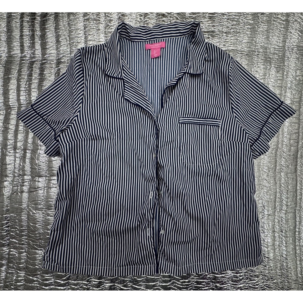Isaac Mizrahi Sleepwear Navy White Striped Short Sleeve Pajama Top Large